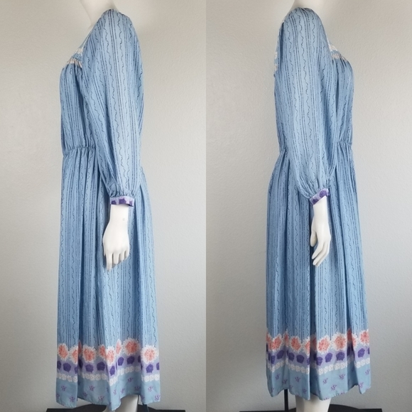 Vintage 70s Jean Jourdan Paris Prarie Peasant Cottagecore Blue Floral Midi Dress - Picture 2 of 10